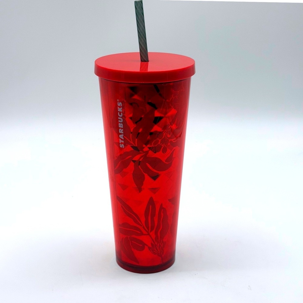 Starbucks Red Floral Faceted‎ Venti Cold Cup Tumbler 24oz with Straw 11070141
